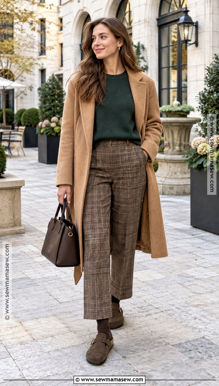 Boston Clogs With Plaid Pants and Crewneck Sweater - 20 boston clogs outfit fall ideas
