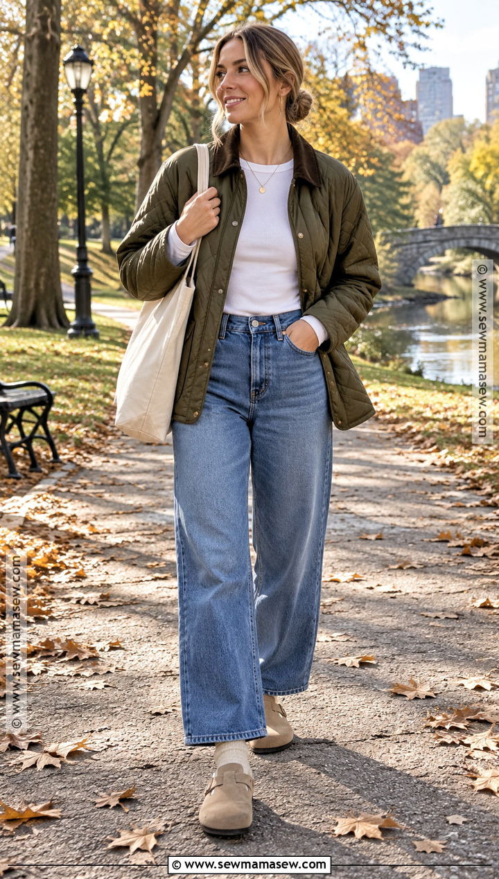 Boston Clogs With Wide Leg Jeans and Quilted Jacket - 20 boston clogs outfit fall ideas