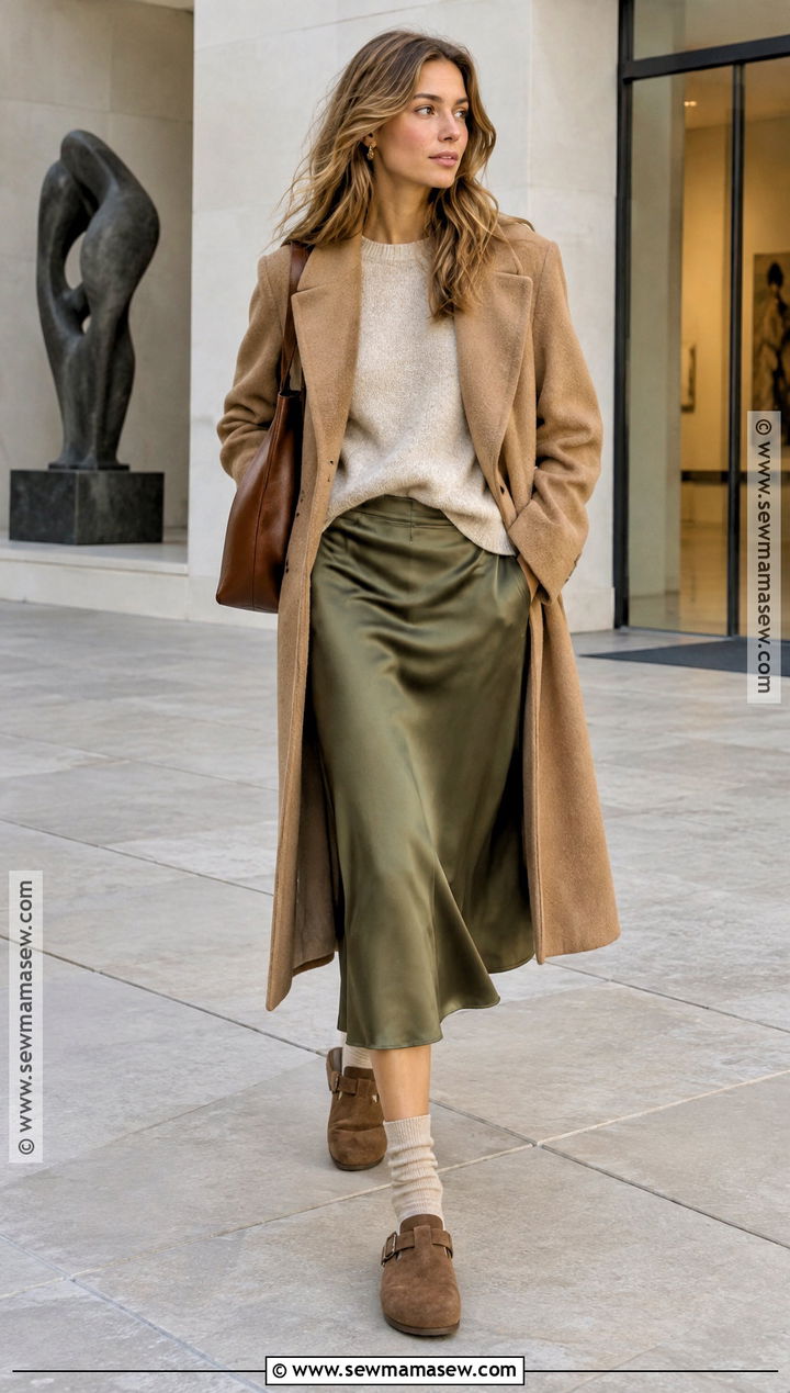 Boston Clogs With a Satin Midi Skirt - 20 boston clogs outfit women fall ideas
