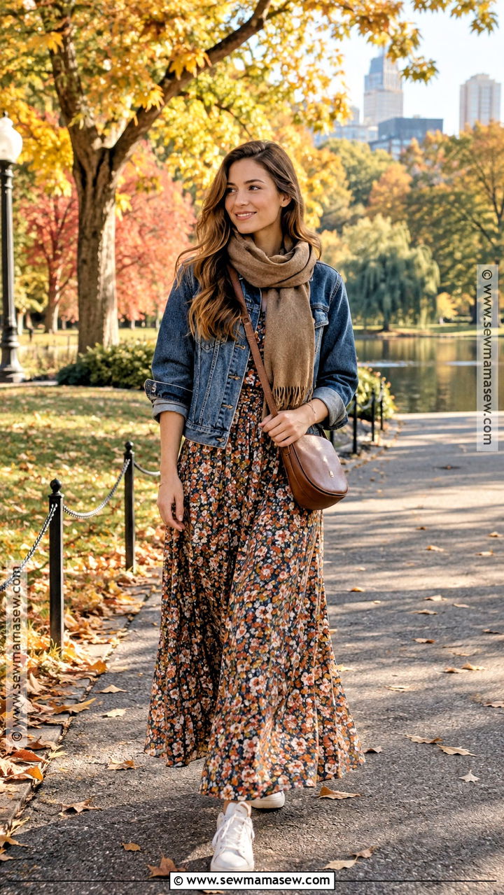 Boston Denim Jacket And Maxi Dress Outfit - 20 Fall Boston Outfit Ideas