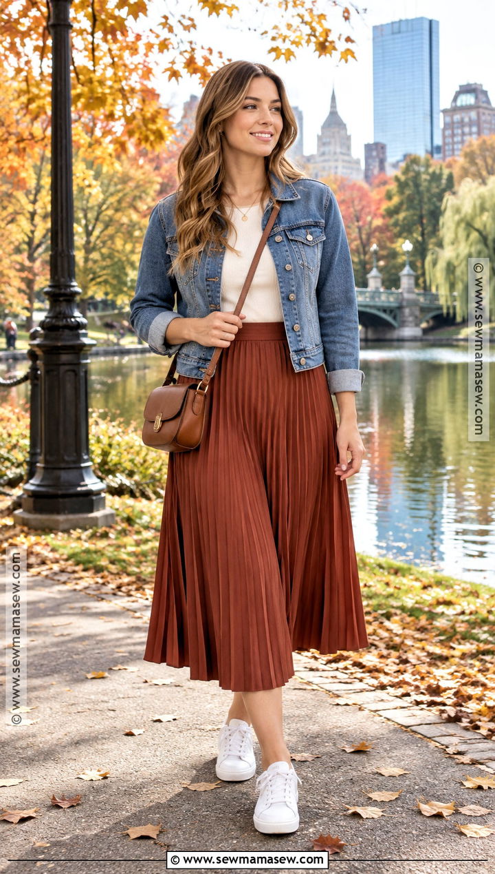 Boston Denim Jacket and Midi Skirt Outfit - 25 Boston Outfits Fall