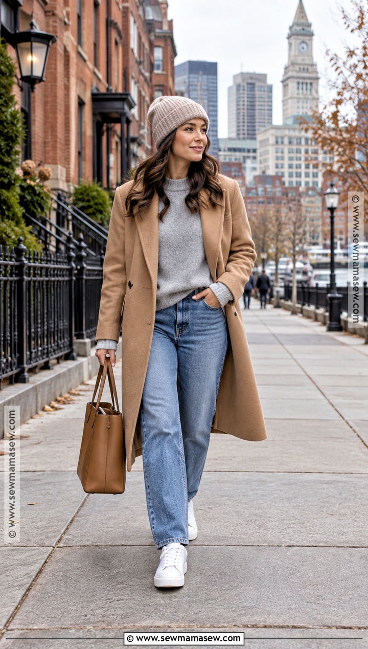 Boston Wool Coat and Sneakers Outfit - 25 Boston Outfits Fall