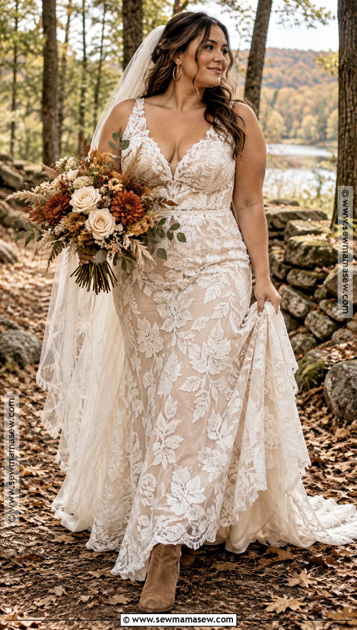 Botanical Lace Boho Wedding Dress - 20 boho fall wedding dress ideas