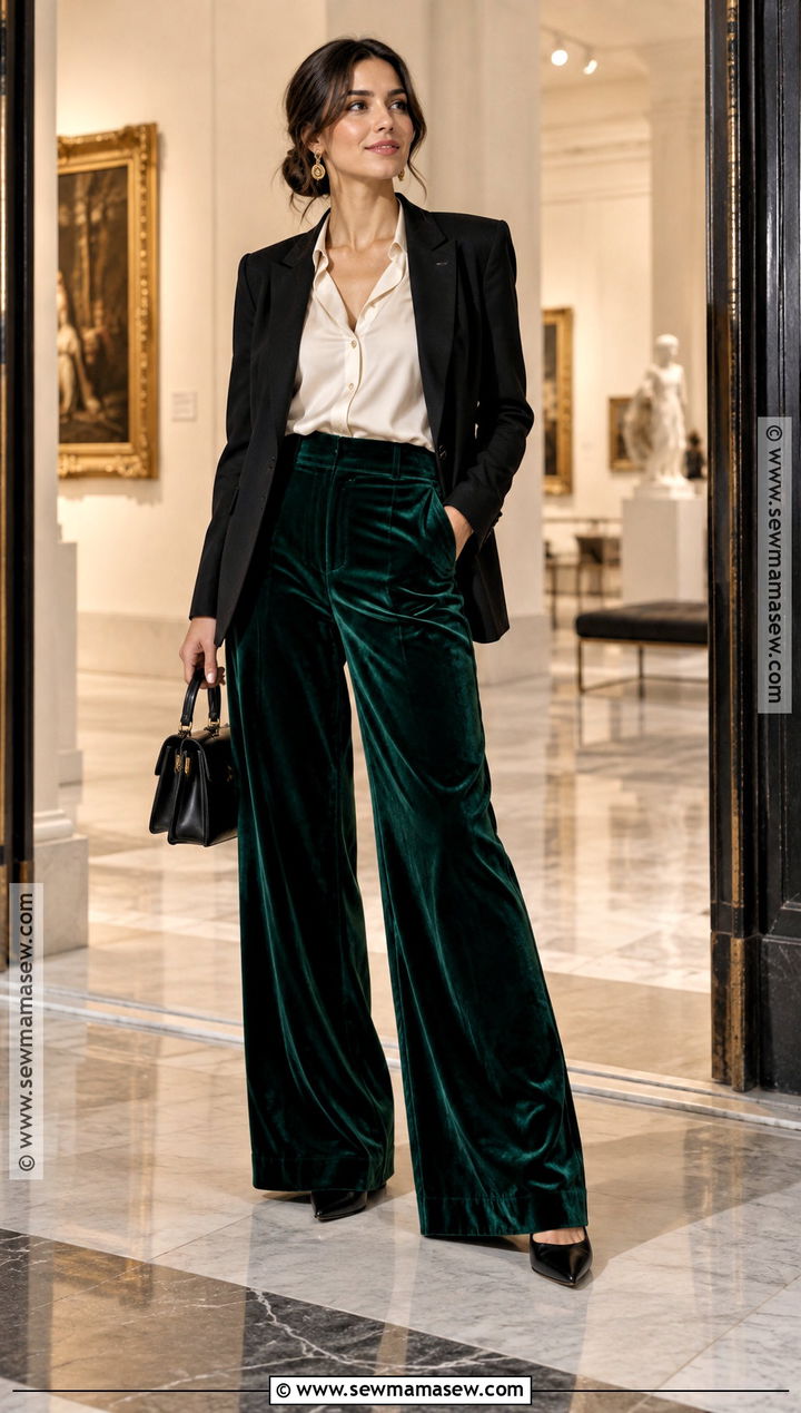Bottle Green Velvet Pants With Ivory Blouse - 20 green pants outfit fall