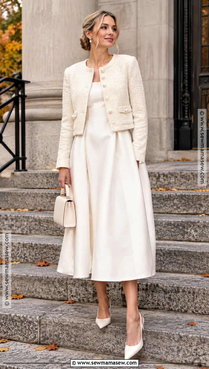 Boucle Bridal Jacket With Midi Dress - 15 Fall Wedding Jacket Brides Ideas