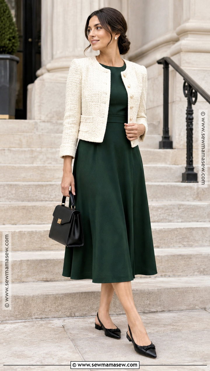 Boucle Jacket and Midi Dress Church Outfit - 25 fall church outfit ideas