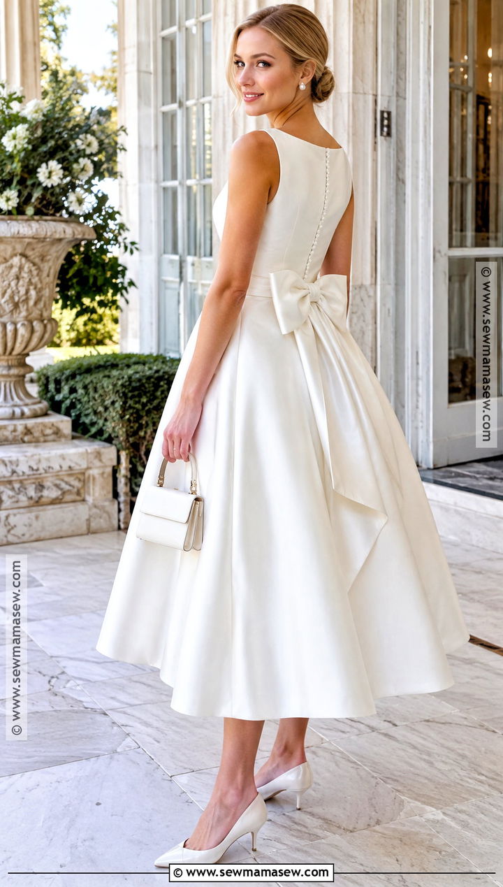 Bow Back Tea Length Rehearsal Dinner Dress - 20 fall rehearsal dinner dress for bride ideas