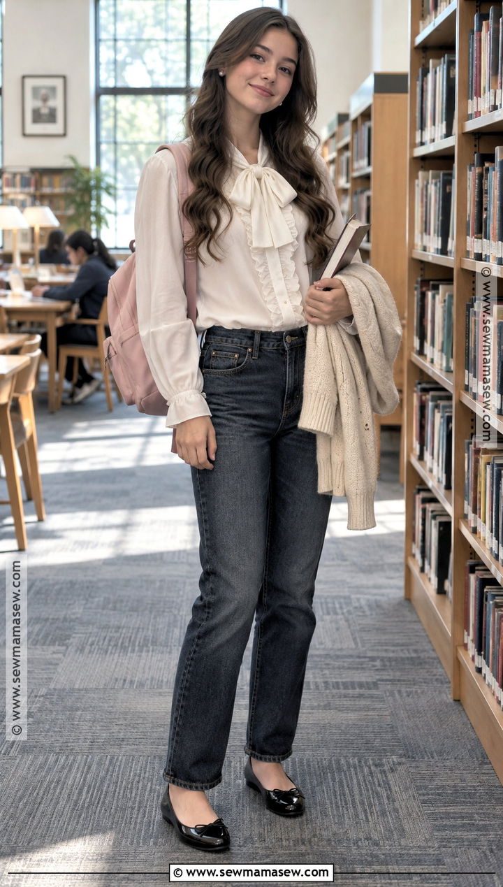 Bow Blouse And Straight Leg Jeans Outfit - 15 Girly Back To School Outfits Highschool