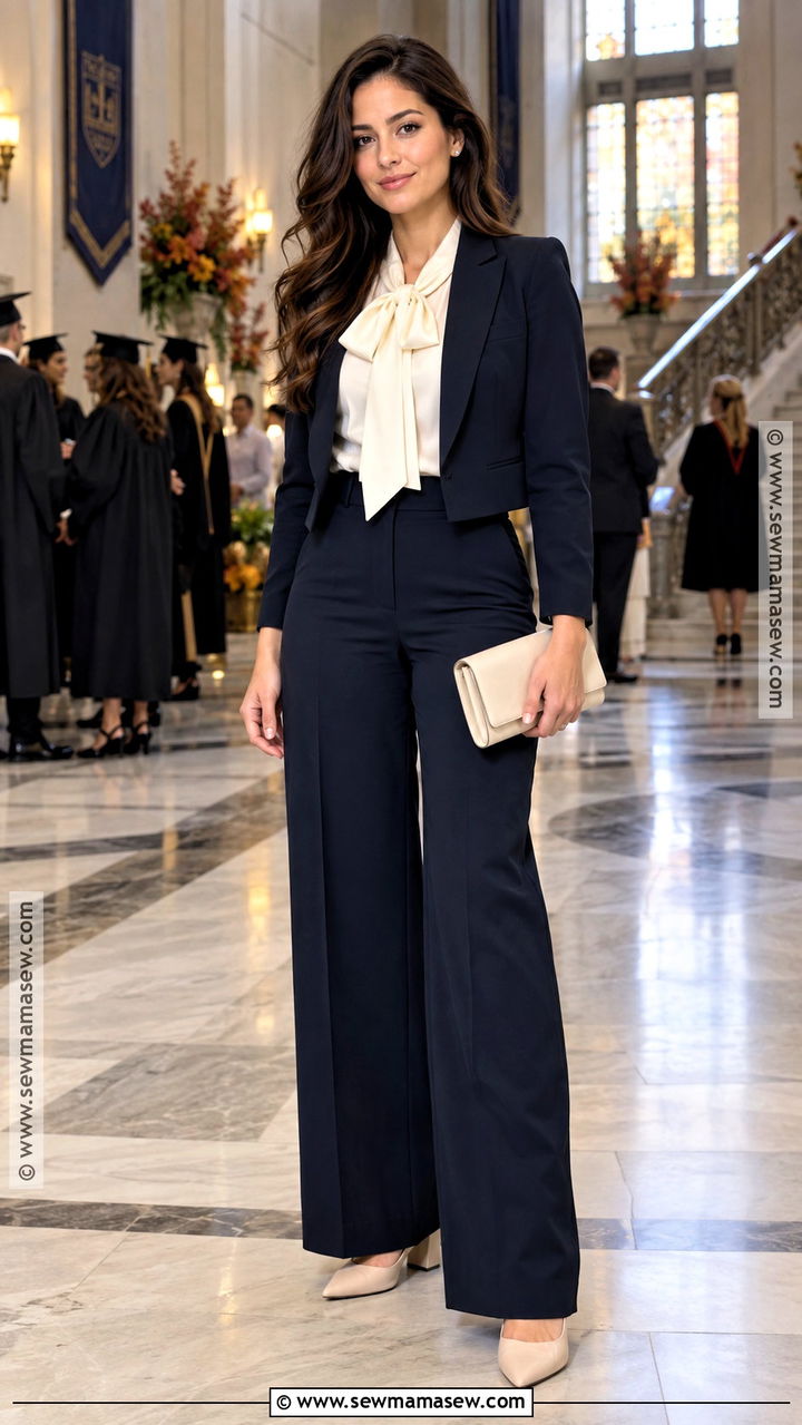 Bow Blouse And Wide Leg Trousers Autumn Graduation Outfit - 20 autumn graduation outfit ideas