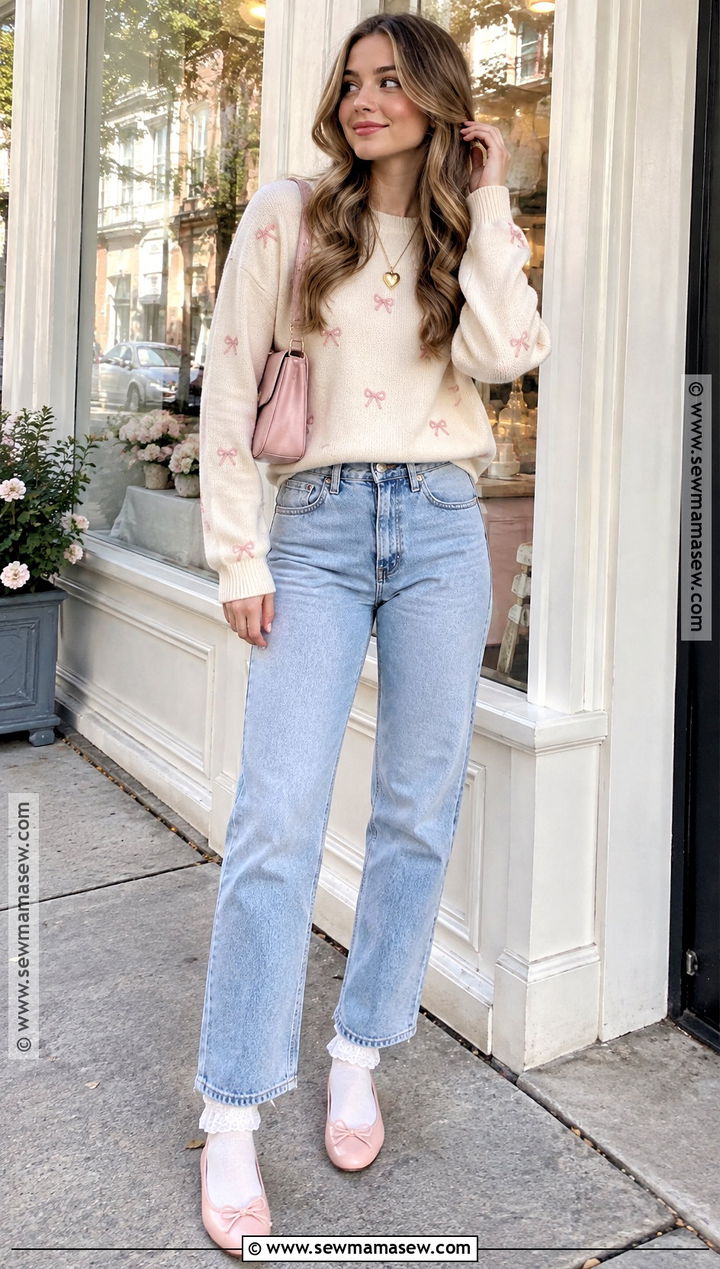 Bow Sweater And Light Wash Jeans Soft Girl Fall Outfit - 20 Soft Girl Fall Outfits