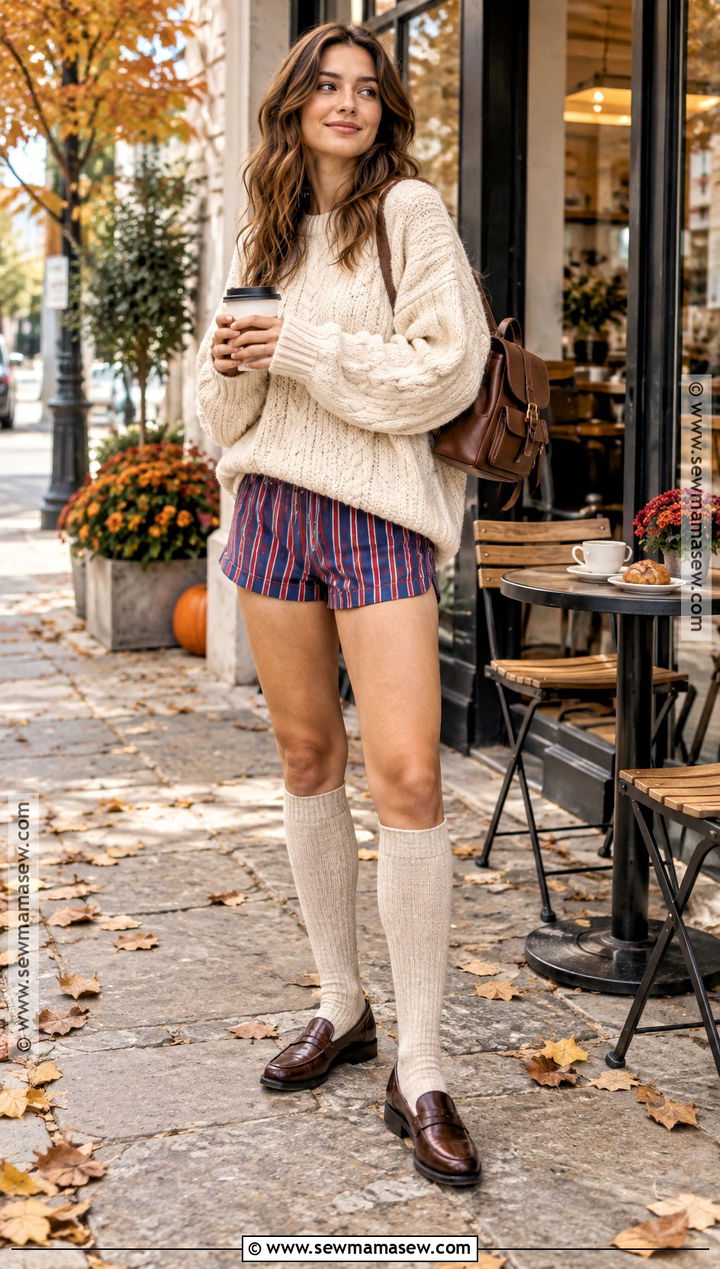 Boxer Shorts With Cable Knit Sweater and Tall Socks - 15 boxer shorts fall outfit ideas