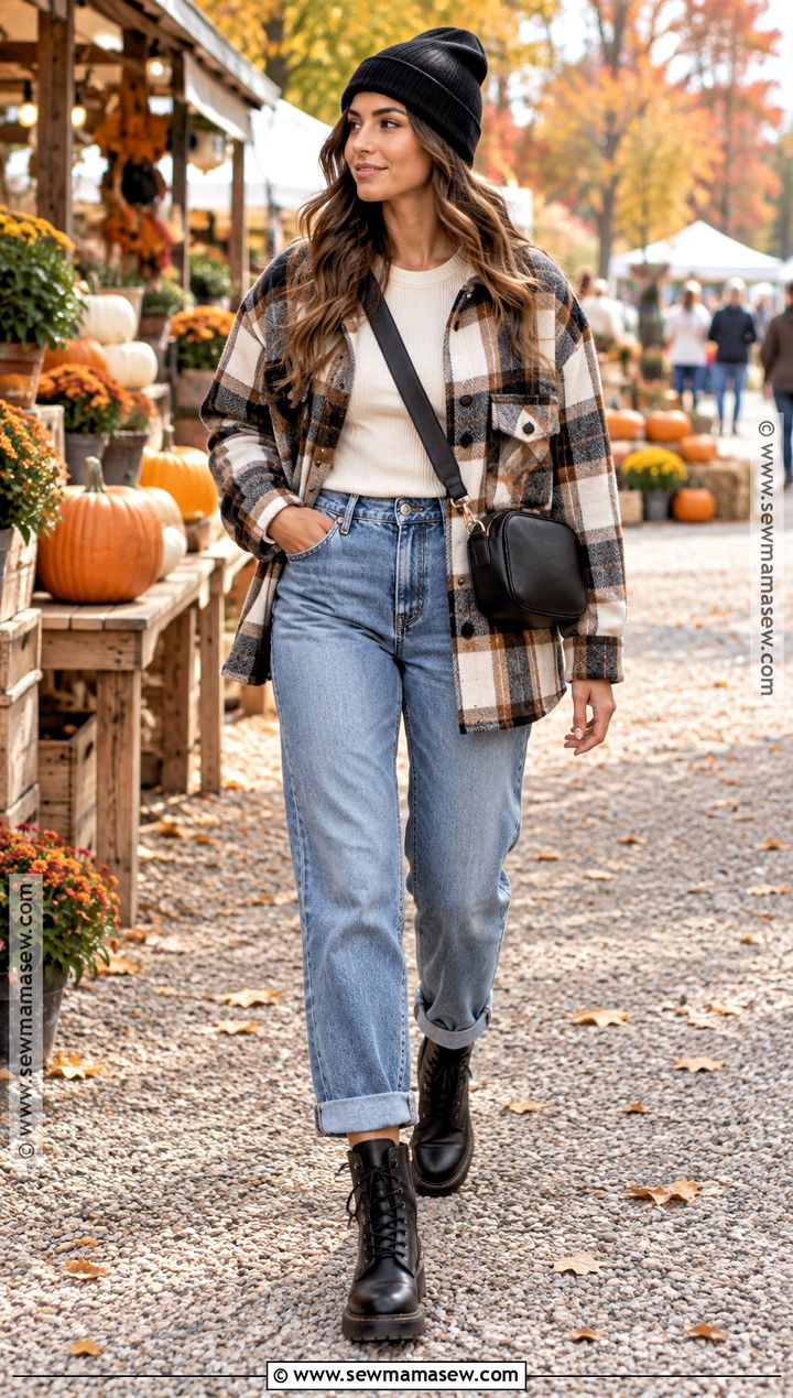 Boyfriend Jeans Shacket And Combat Ankle Boots - 15 Fall Jeans Outfit Casual Ankle Boots
