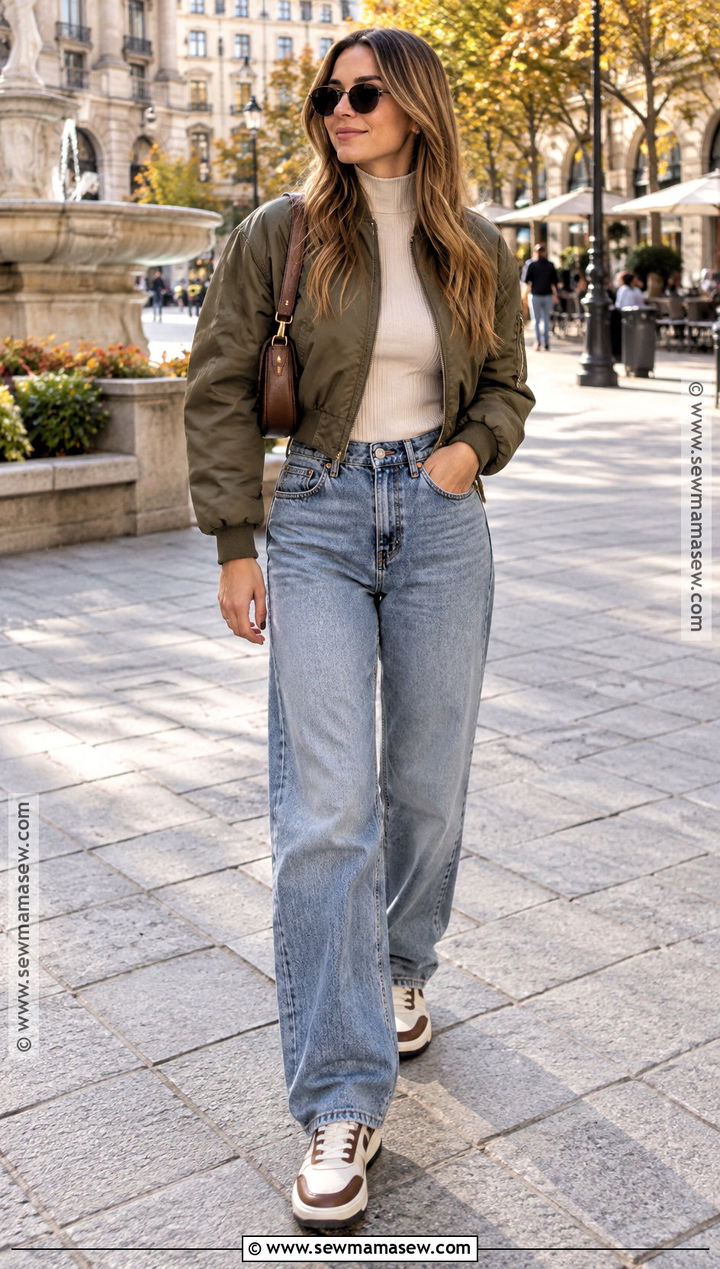 Boyfriend Jeans With Bomber Jacket And Retro Sneakers - 20 boyfriend jeans outfit fall