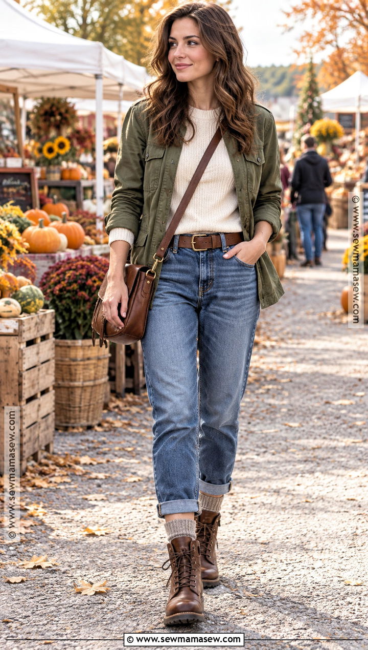 Boyfriend Jeans With Brown Lace Up Boots And Utility Jacket - 20 brown boots outfit fall jeans