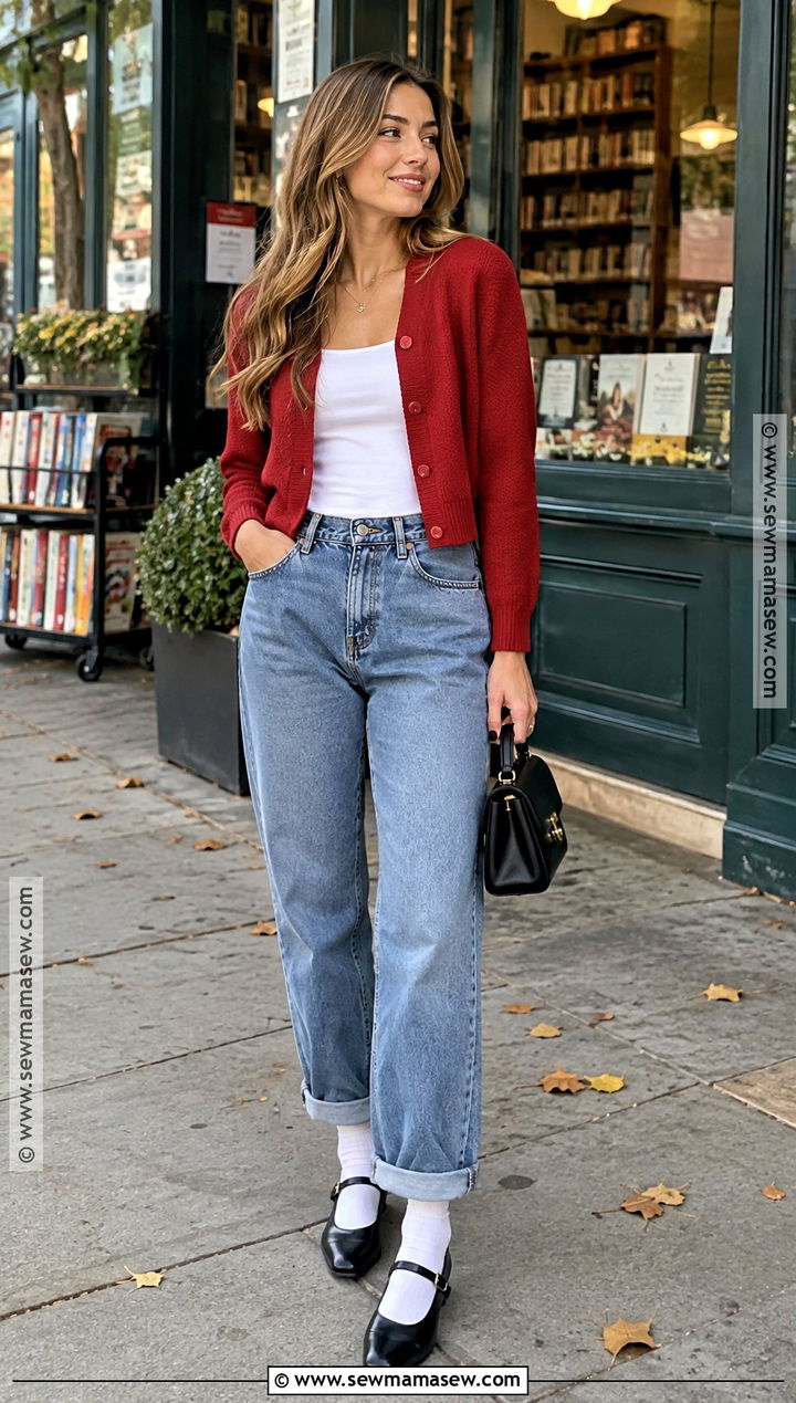 Boyfriend Jeans With Cardigan and Mary Jane Flats - 15 boyfriend jeans fall