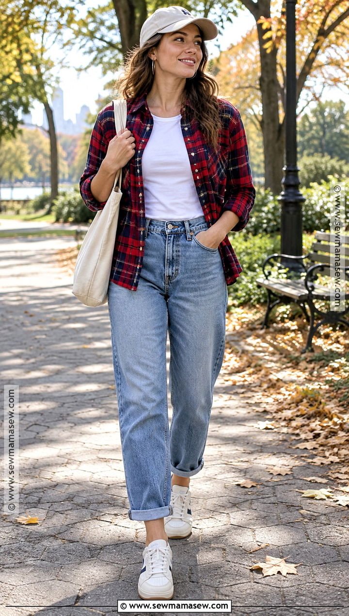Boyfriend Jeans With Flannel Shirt And Sneakers - 20 boyfriend jeans outfit fall