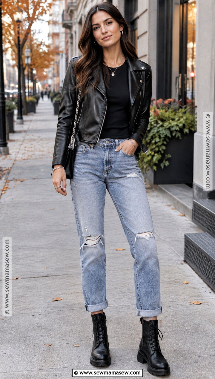 Boyfriend Jeans With Leather Jacket And Combat Boots - 20 boyfriend jeans outfit fall
