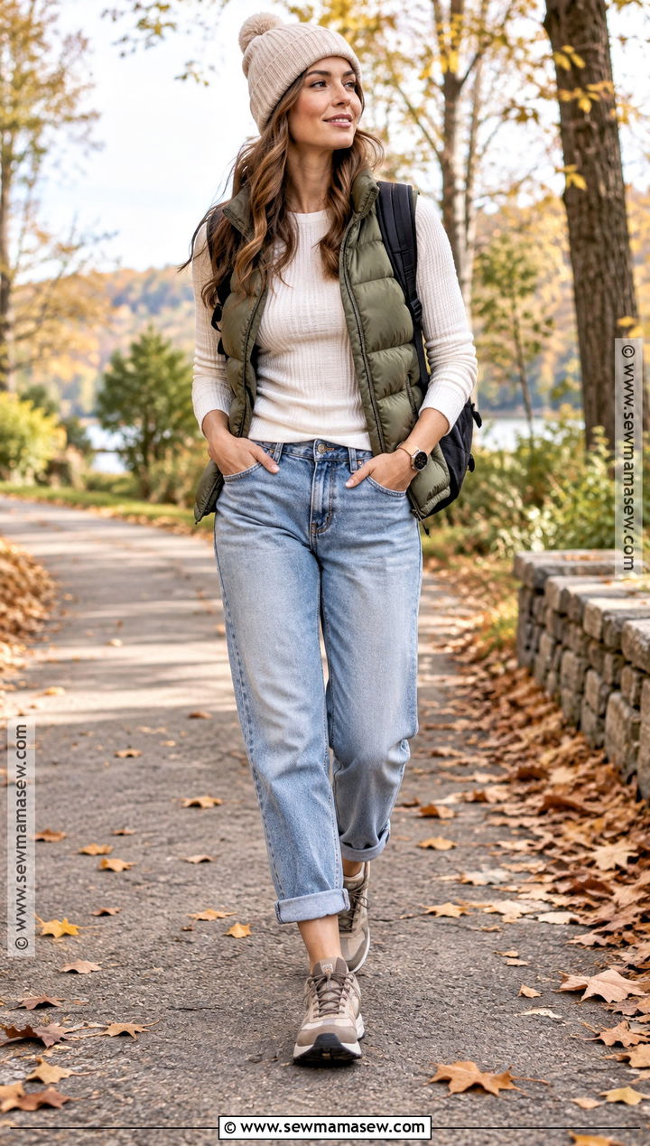 Boyfriend Jeans With Puffer Vest and Hiking Sneakers - 15 boyfriend jeans fall