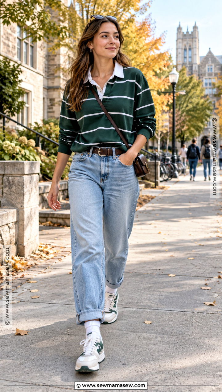 Boyfriend Jeans With Rugby Shirt And Sneakers - 25 fall outfit jeans