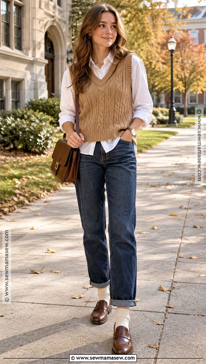 Boyfriend Jeans With Sweater Vest And Loafers - 20 boyfriend jeans outfit fall