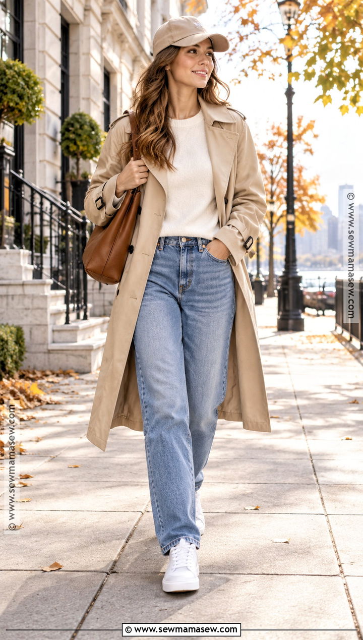 Boyfriend Jeans With Trench Coat And Sneakers - 20 boyfriend jeans outfit fall