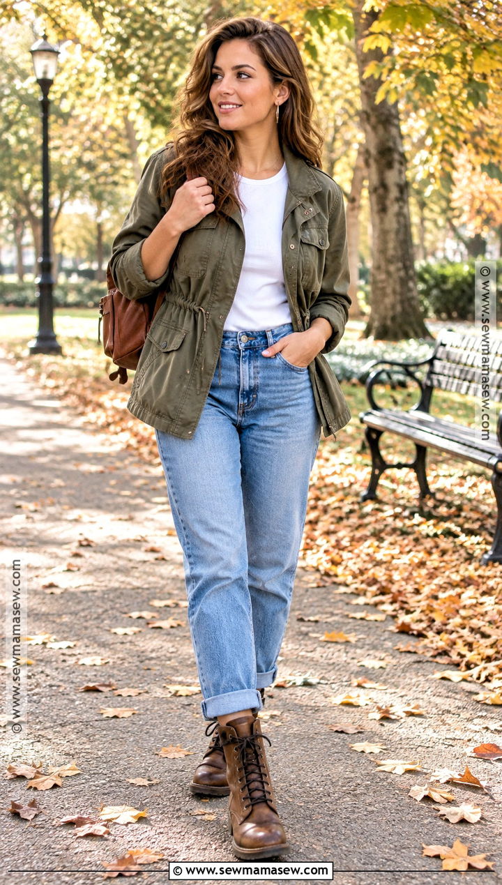Boyfriend Jeans With Utility Jacket - 20 jean outfits fall