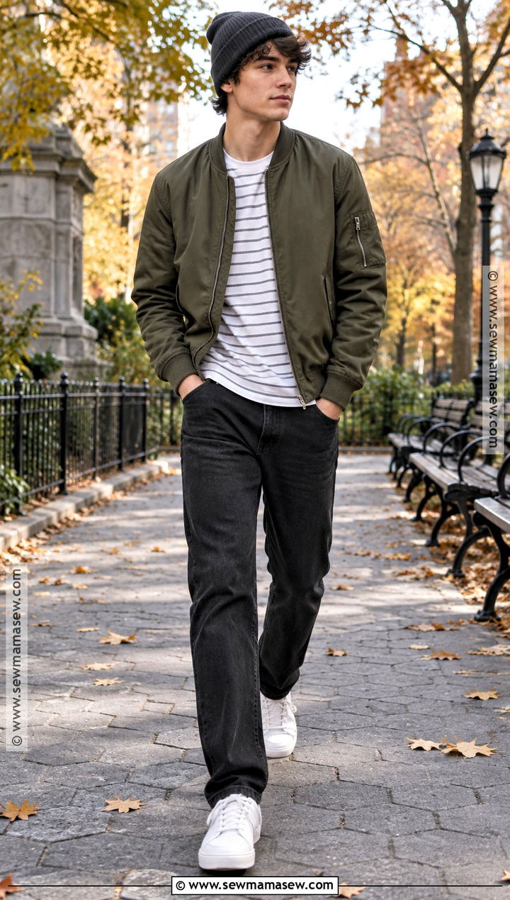 Boys Bomber Jacket And Black Jeans Fall Outfit - 20 boys fall outfits for kids