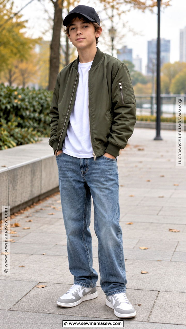Boys Bomber Jacket And Relaxed Jeans Fall Outfit - 15 boys fall style ideas