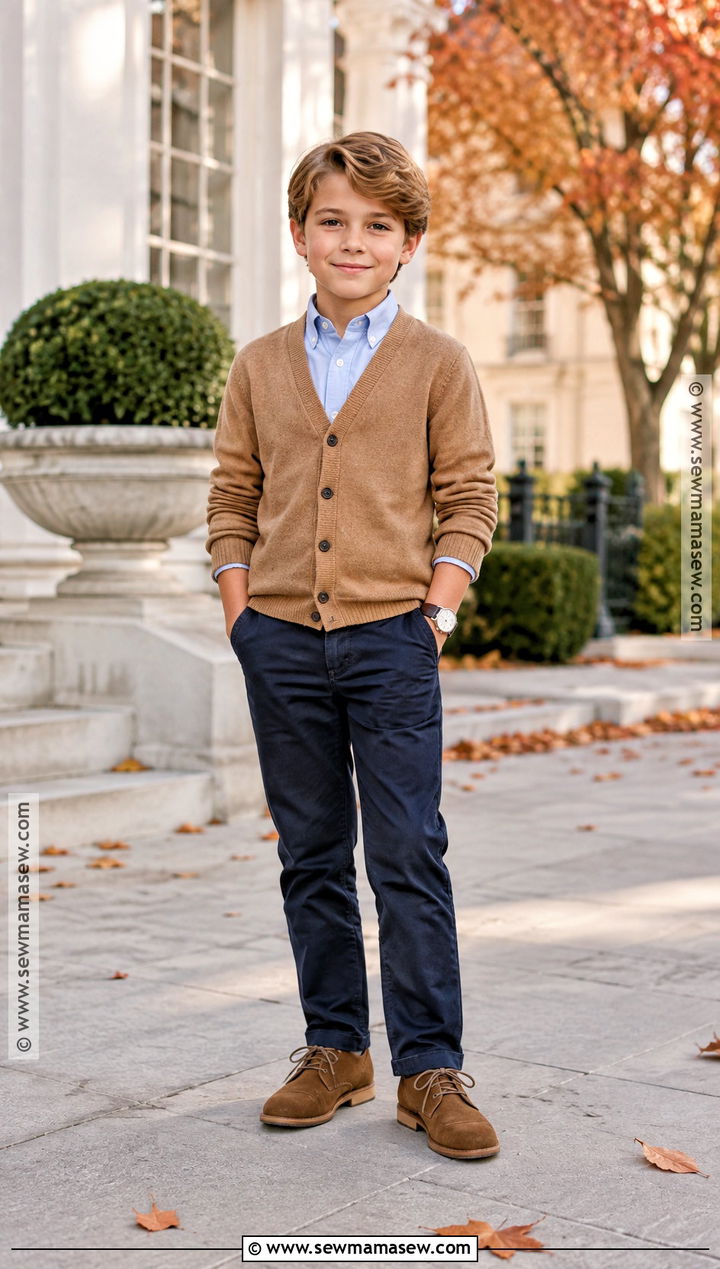Boys Cardigan With Oxford Shirt Outfit - 15 boys fall fashion ideas 2026