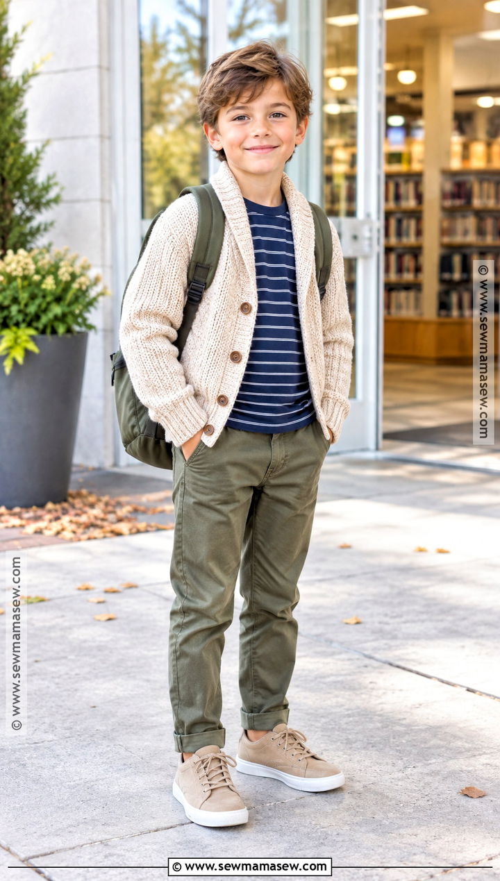 Boys Cardigan With T Shirt And Chinos Fall Outfit - 15 kids fall outfits for boys