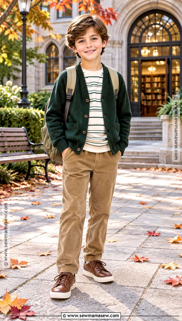Boys Cardigan and Corduroy Pants Outfit - 15 Casual Fall Outfits for Boys