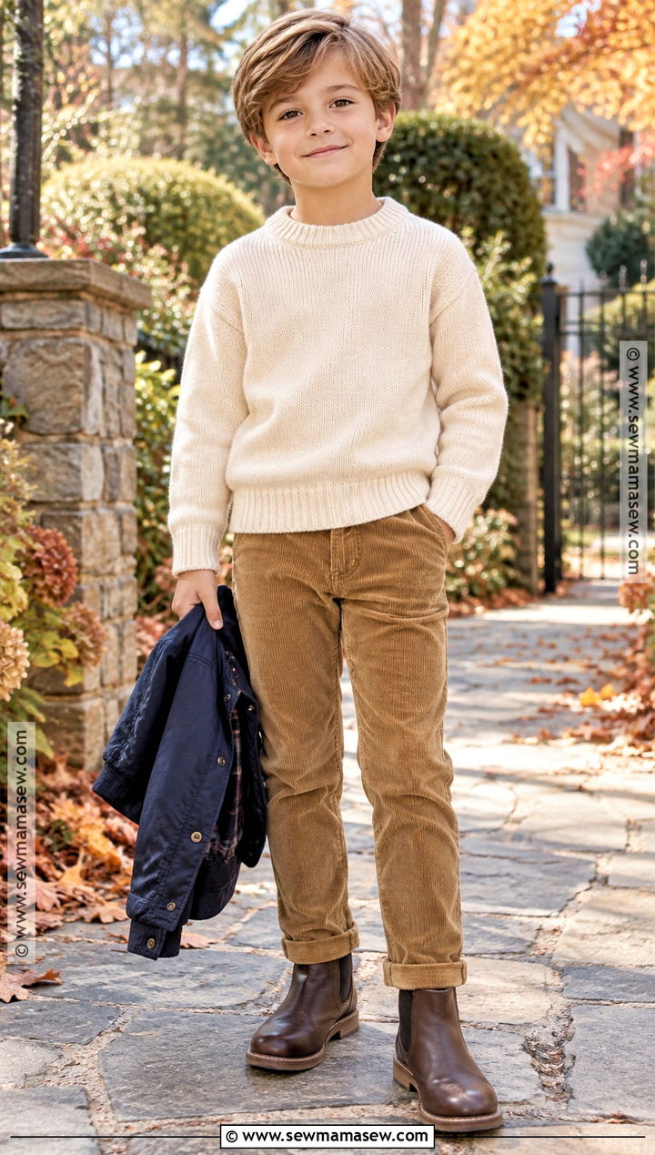 Boys Corduroy Pants With Knit Sweater Fall Outfit - 15 kids fall outfits for boys