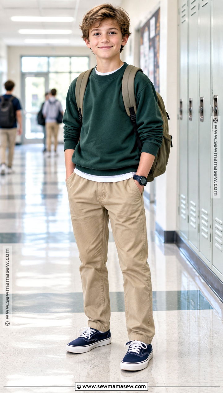 Boys Crewneck Sweatshirt And Khaki Pants Outfit - 20 Back To School Outfits for Boys