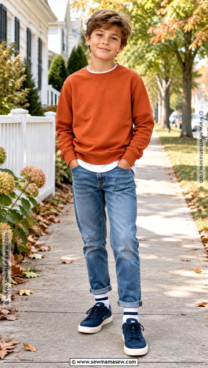 Boys Crewneck Sweatshirt And Straight Jeans Fall Outfit - 25 boys fall outfits