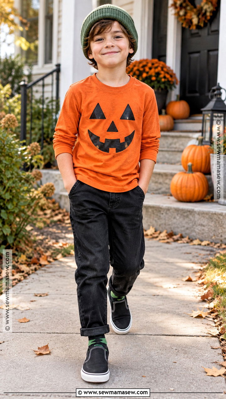 Boys DIY Pumpkin Shirt With Black Jeans - 15 boys pumpkin shirt ideas
