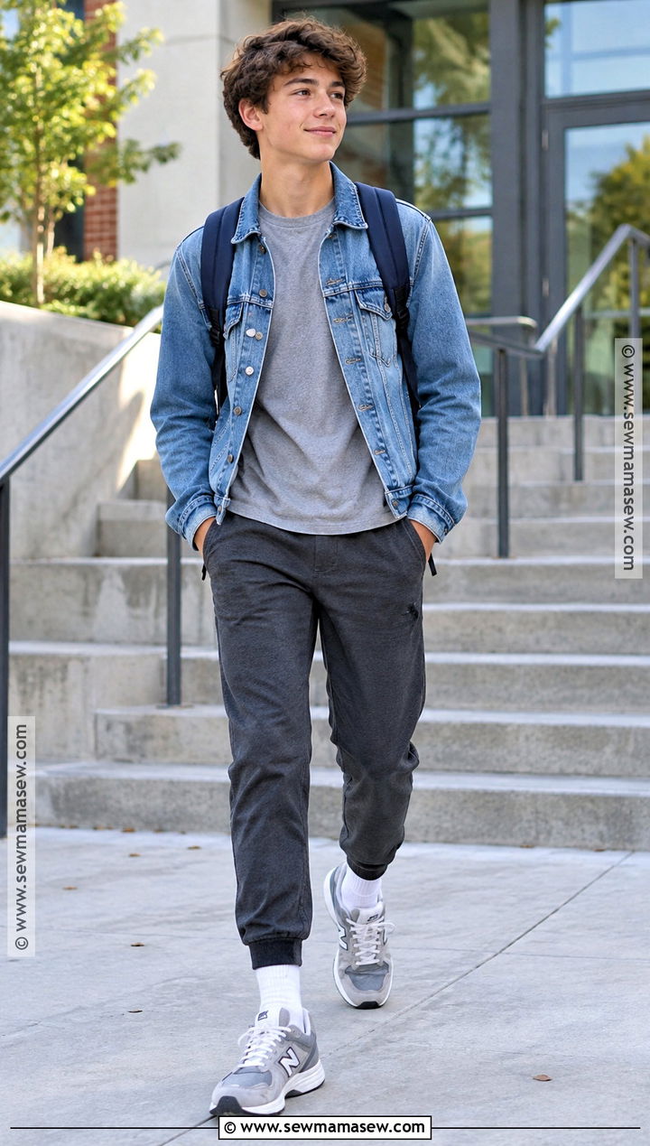 Boys Denim Jacket And Joggers Outfit - 20 Back To School Outfits for Boys