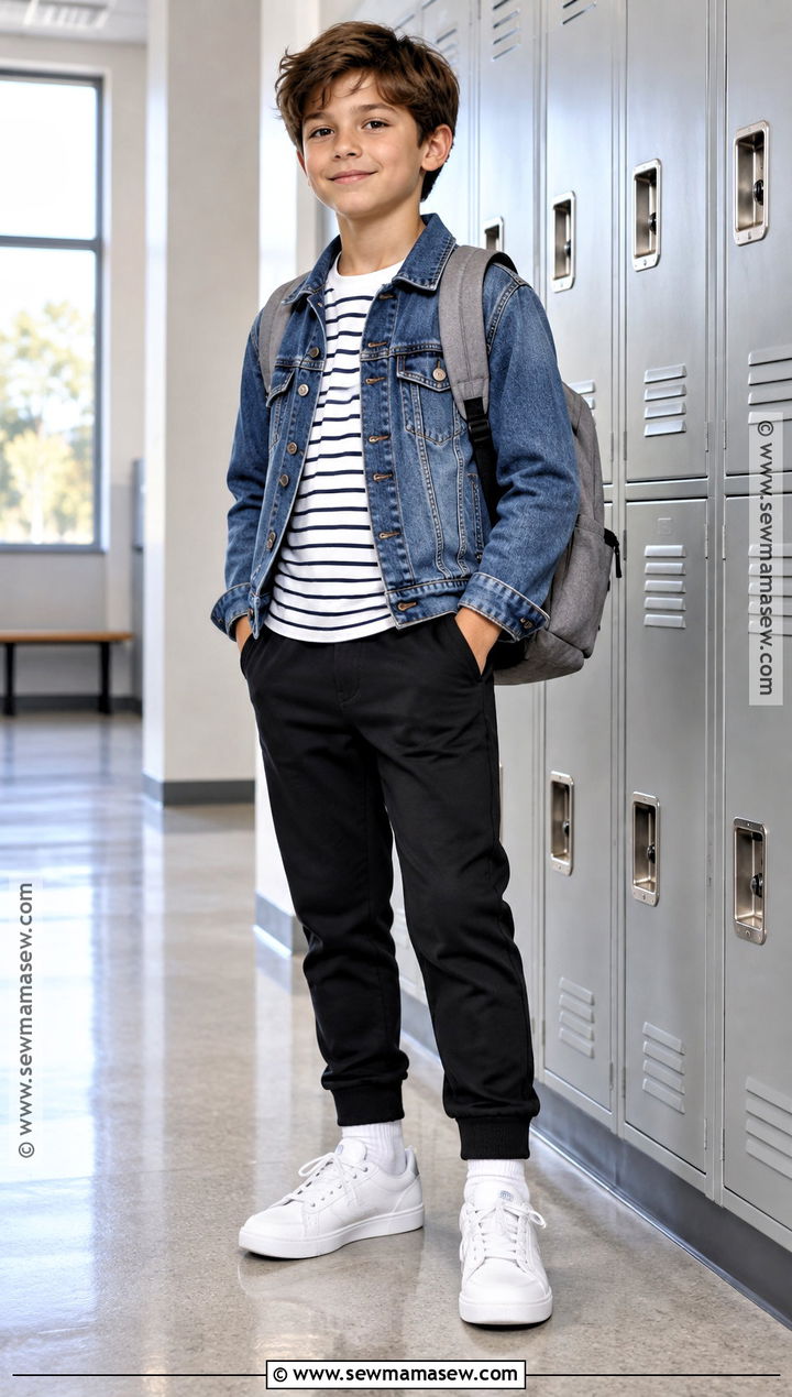 Boys Denim Jacket And Joggers Outfit - 15 boys capsule wardrobe back to school ideas