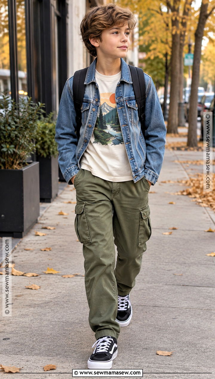 Boys Denim Jacket With Graphic Tee And Cargo Pants - 15 boys fall clothes