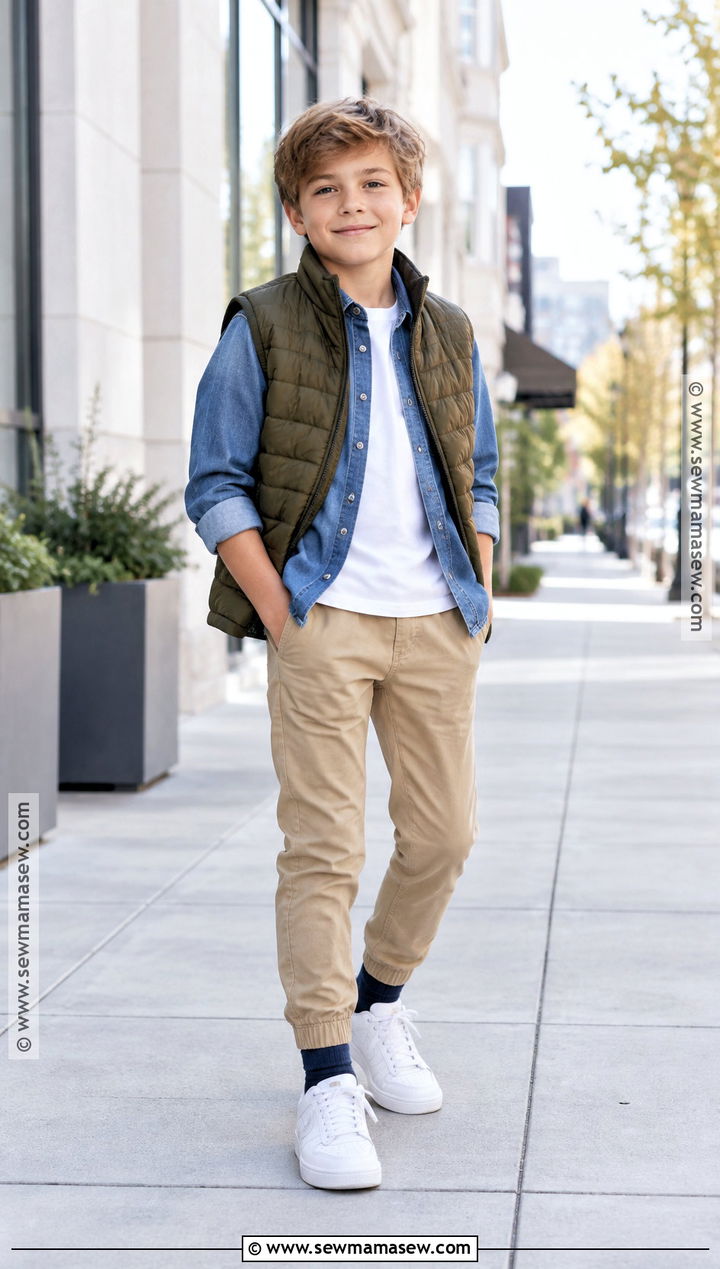 Boys Denim Shirt And Khaki Joggers Fall Outfit - 25 boys fall outfits