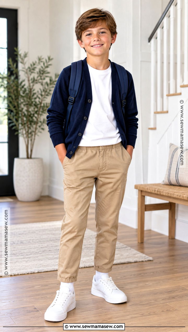 Boys Fall Outfit With Cardigan and Pull On Pants - 15 boys fall capsule wardrobe ideas
