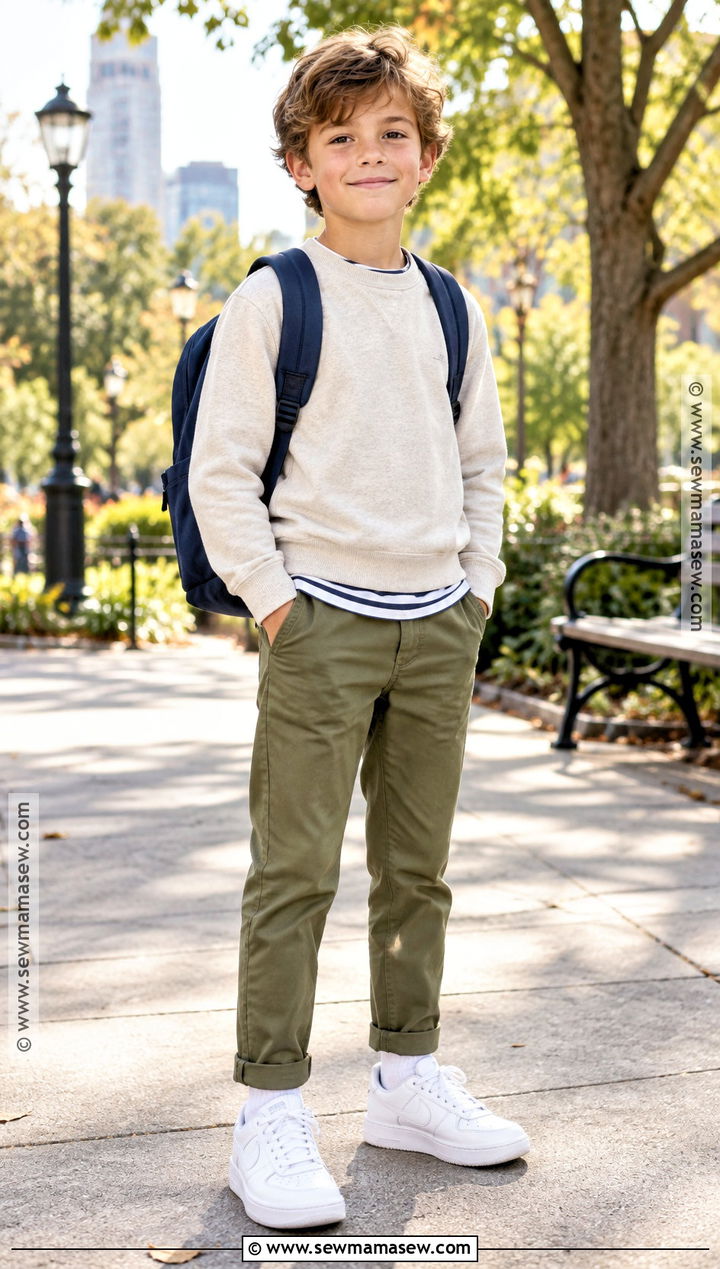 Boys Fall Outfit With Crewneck Sweatshirt and Chinos - 15 boys fall capsule wardrobe ideas