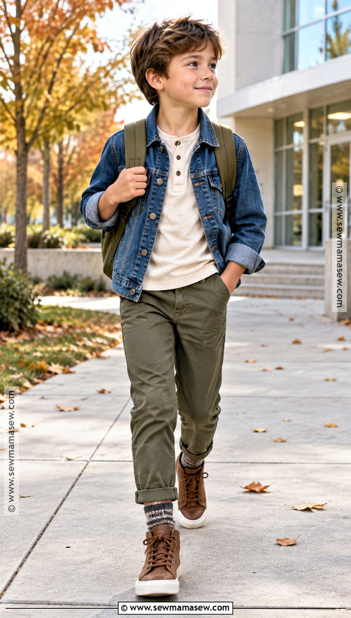 Boys Fall Outfit With Denim Jacket and Khaki Pants - 15 boys fall capsule wardrobe ideas