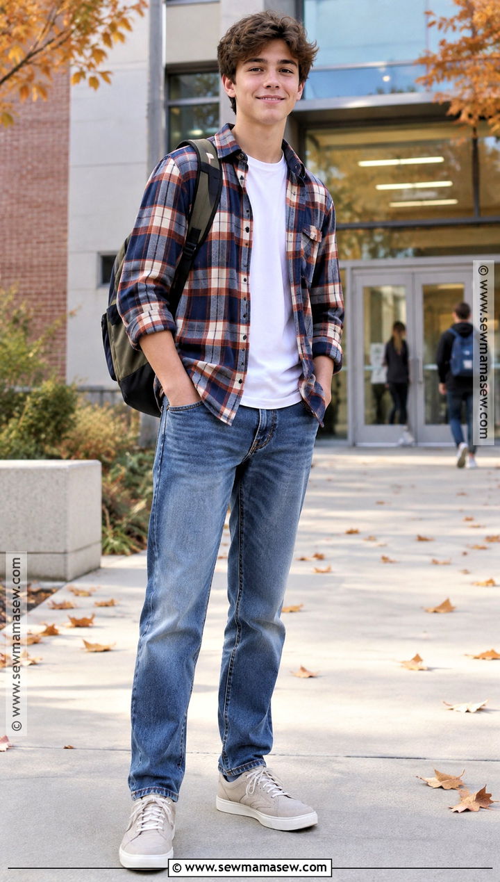 Boys Fall Outfit With Flannel Shirt and Jeans - 15 boys fall capsule wardrobe ideas