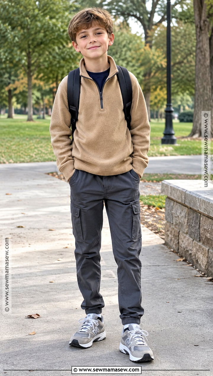 Boys Fall Outfit With Fleece Pullover and Cargo Pants - 15 boys fall capsule wardrobe ideas