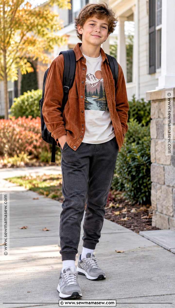 Boys Fall Outfit With Graphic Tee and Overshirt - 15 boys fall capsule wardrobe ideas
