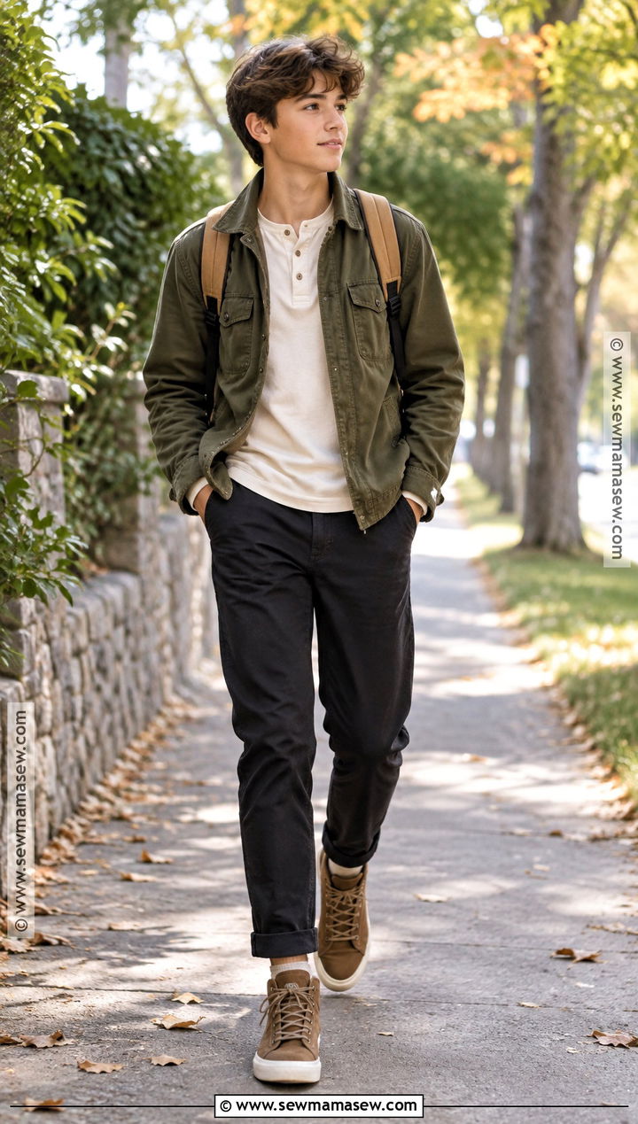Boys Fall Outfit With Henley and Utility Jacket - 15 boys fall capsule wardrobe ideas