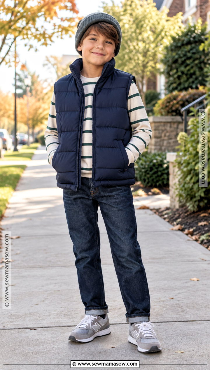 Boys Fall Outfit With Puffer Vest and Long Sleeve Tee - 15 boys fall capsule wardrobe ideas