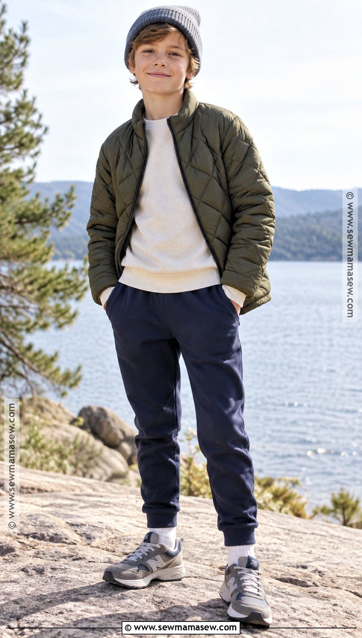 Boys Fall Outfit With Quilted Jacket and Sweatpants - 15 boys fall capsule wardrobe ideas