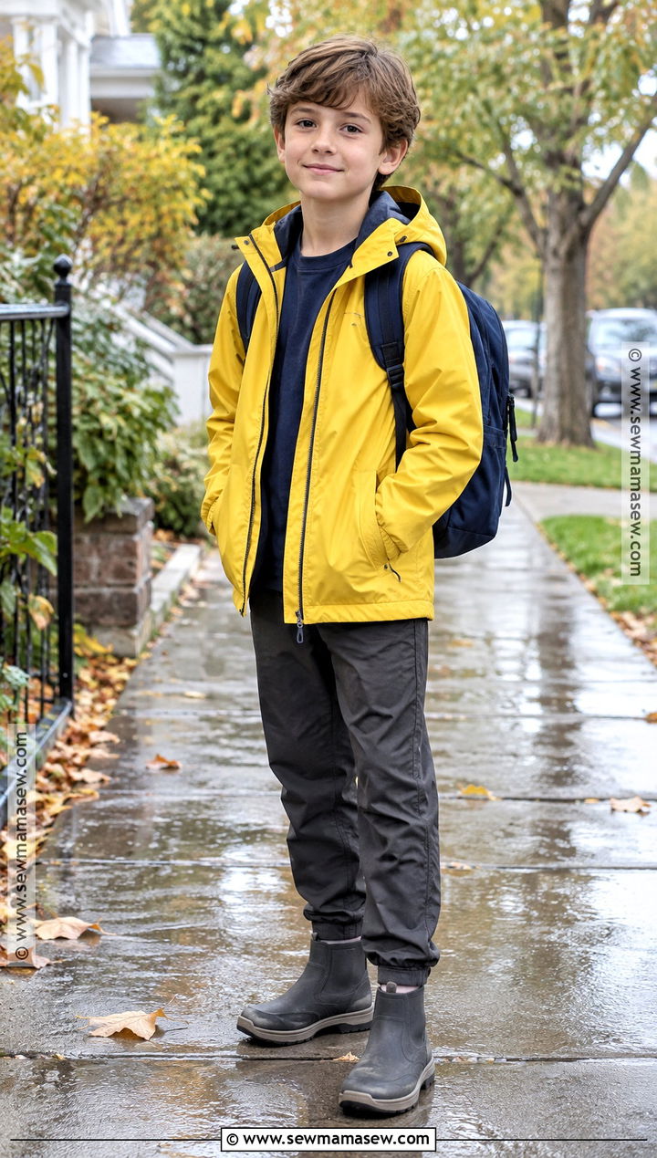 Boys Fall Outfit With Rain Jacket and Waterproof Boots - 15 boys fall capsule wardrobe ideas