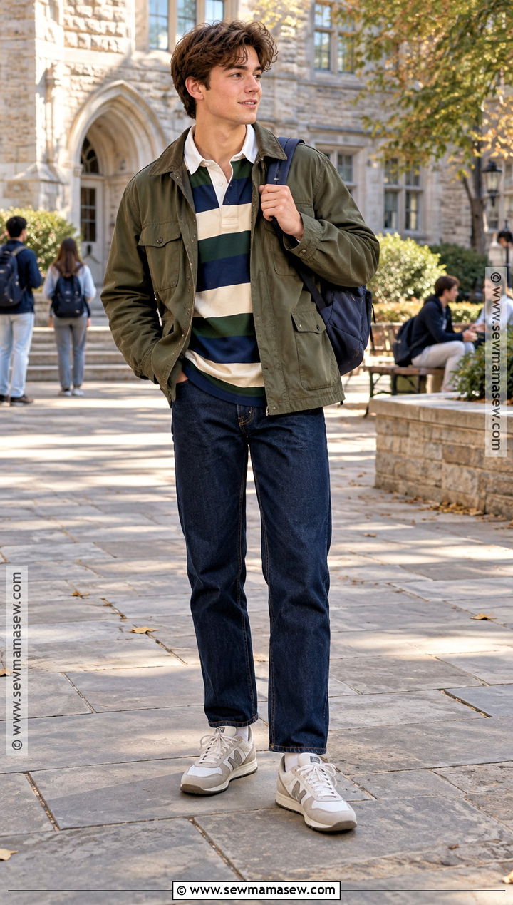 Boys Fall Outfit With Rugby Shirt and Dark Jeans - 15 boys fall capsule wardrobe ideas